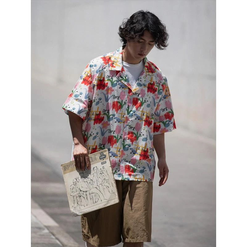 NOEARS夏季古巴领短袖花衬衫日系复古趣味印花cityboy休闲衬衣