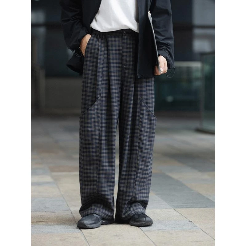 NOEARS复古垂感免烫TR磨毛格子阔腿痞帅休闲长裤男宽松工装日系潮