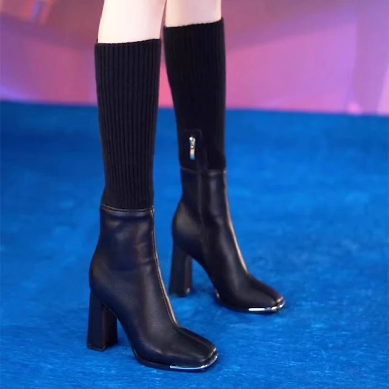 英伦两穿粗跟弹力袜靴女高筒2024年秋冬季方头高跟长靴女士瘦瘦靴