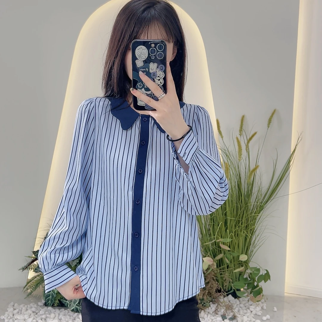 Lagogo/拉谷谷LAGOGO拉谷谷专柜新款蓝色系条纹衬衫气质款