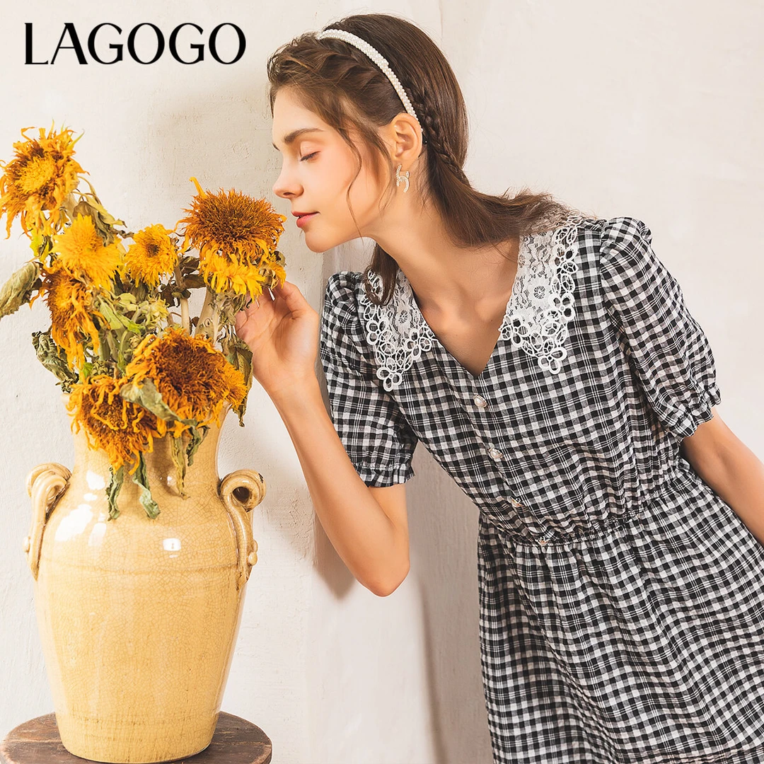 Lagogo拉谷谷夏季新款复古轻熟风V领蕾丝拼接格子连衣裙女泡泡袖