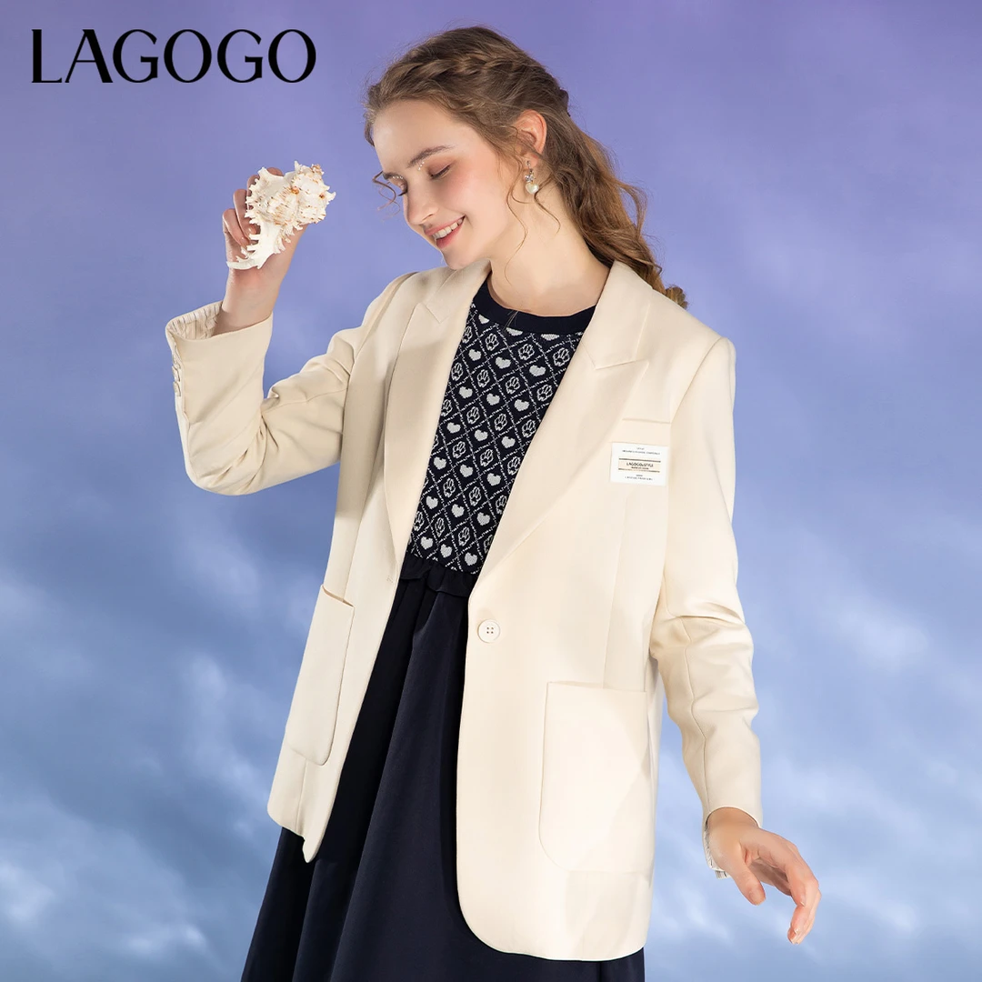 Lagogo拉谷谷夏季新款气质高级感米白色小众西装外套女极简通勤