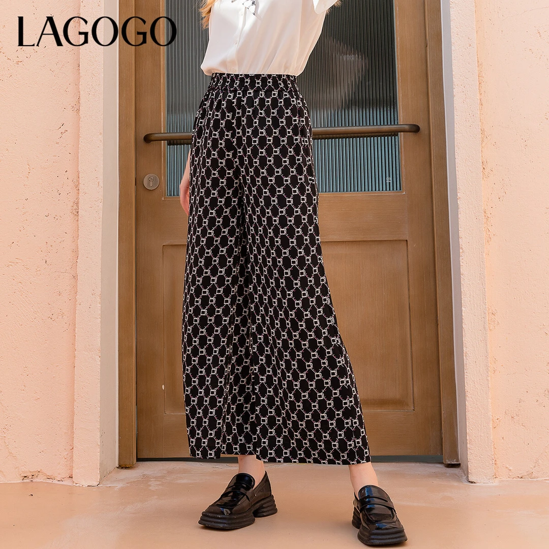 【复古年代】Lagogo夏季新款高腰阔腿裤宽松印花长裤女设计感