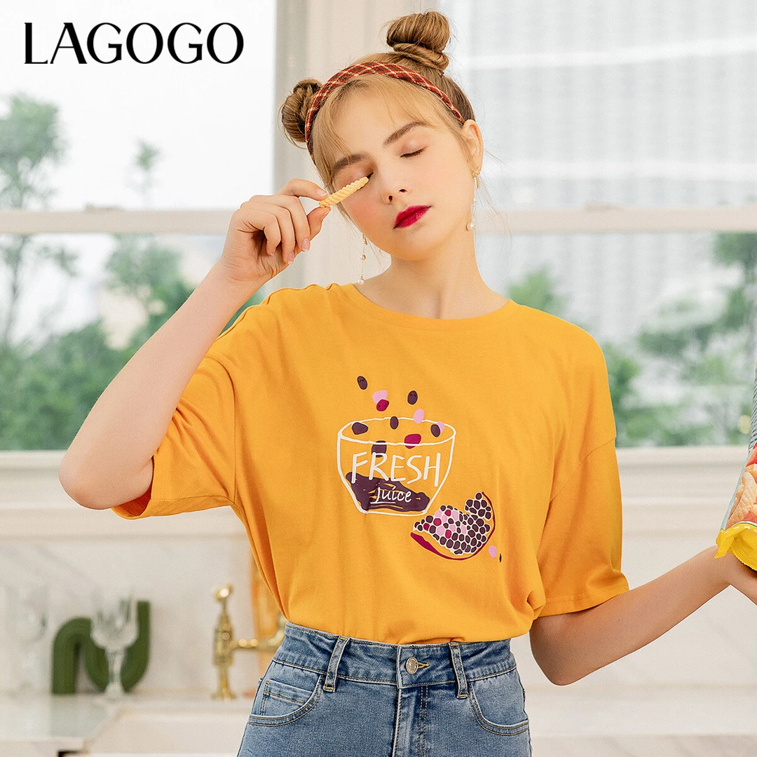 Lagogo/拉谷谷夏季新款时尚字母印花设计感休闲圆领短袖T恤女女装