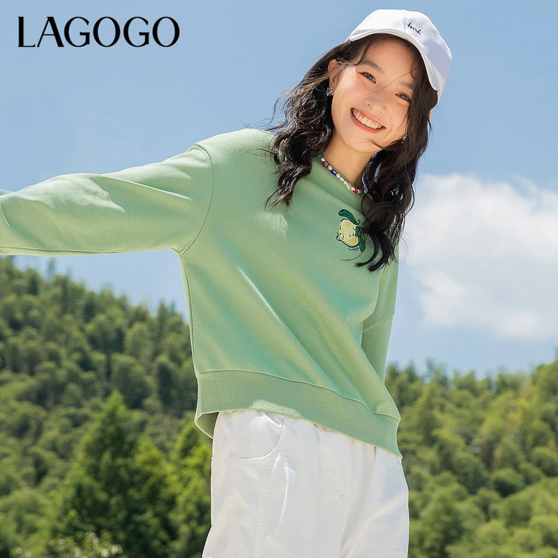Lagogo新款圆领撞色刺绣图案柠檬卫衣女LCEE417C04长袖时尚