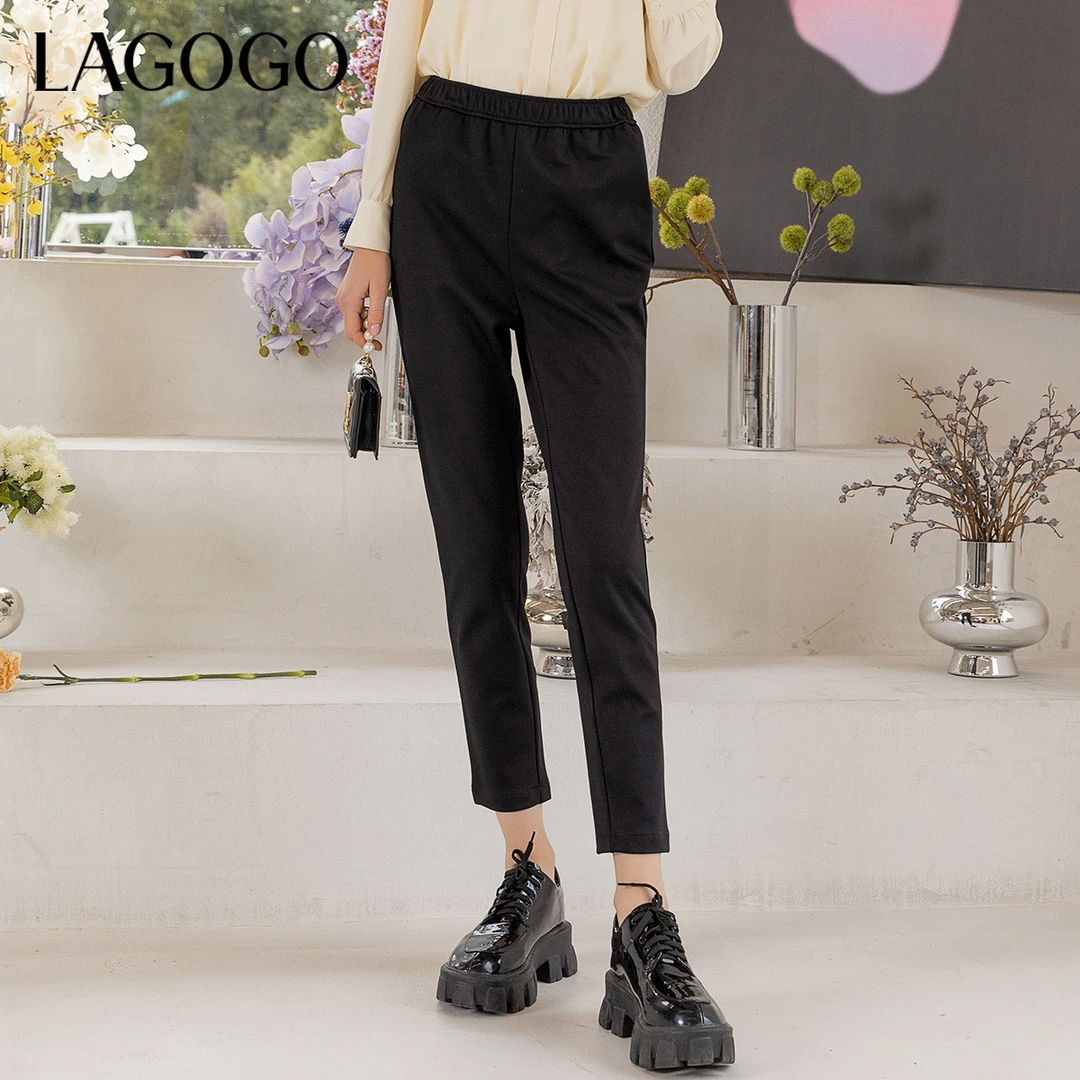 Lagogo拉谷谷时尚新款黑色高腰显瘦裤子直筒休闲裤弹力