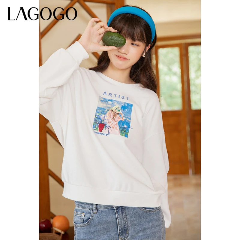 新款圆领撞色油画人物胶印卫衣女LCEE418A02乔七月同款女装