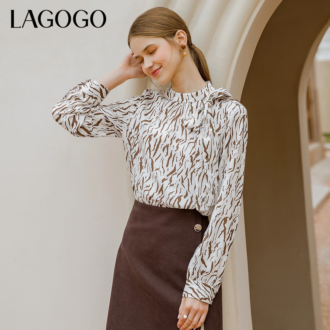 Lagogo拉谷谷新款立领印花复古雪纺套头修身长袖上衣女显瘦设计感