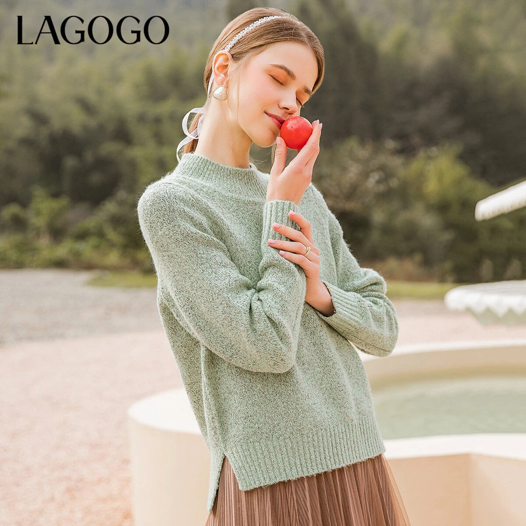 Lagogo拉谷谷冬新款浅绿色半高圆领打底针织衫女内搭套头上衣冬季