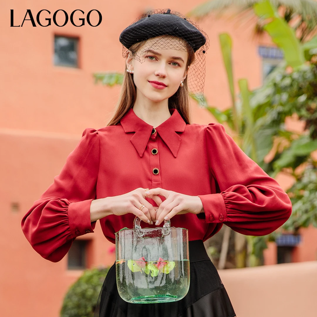 Lagogo拉谷谷春季新款方领复古上衣女红色泡泡袖新年雪纺衫气质