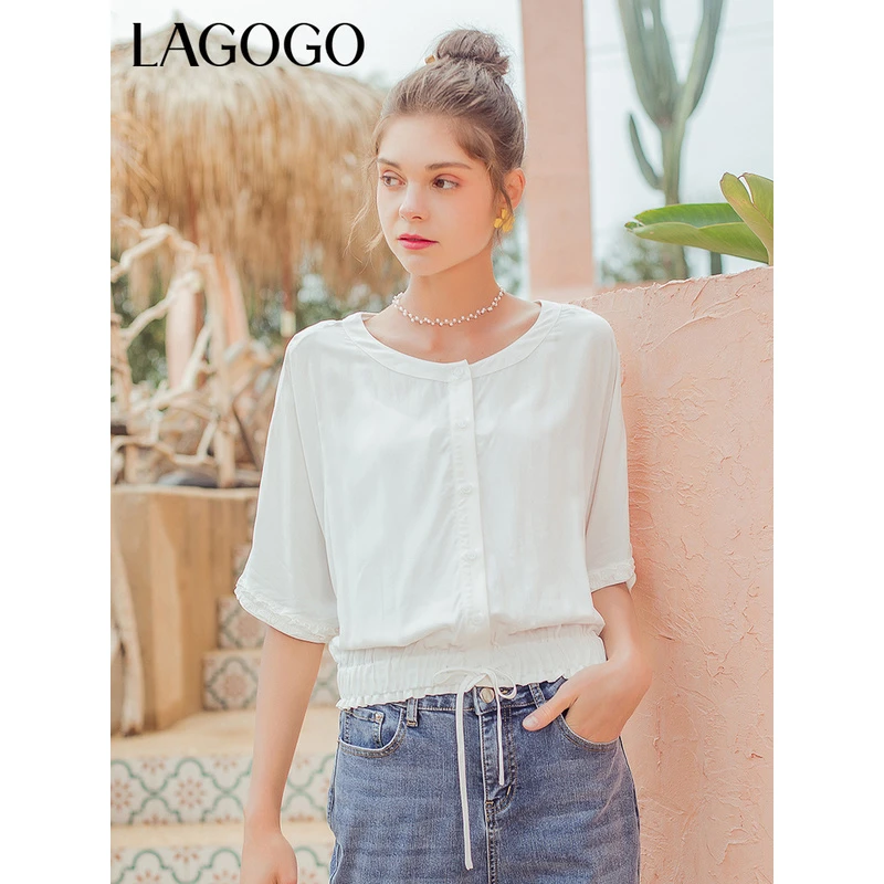Lagogo拉谷谷夏季新款圆领蝙蝠袖单排扣开衫学院风上衣女显瘦纯色