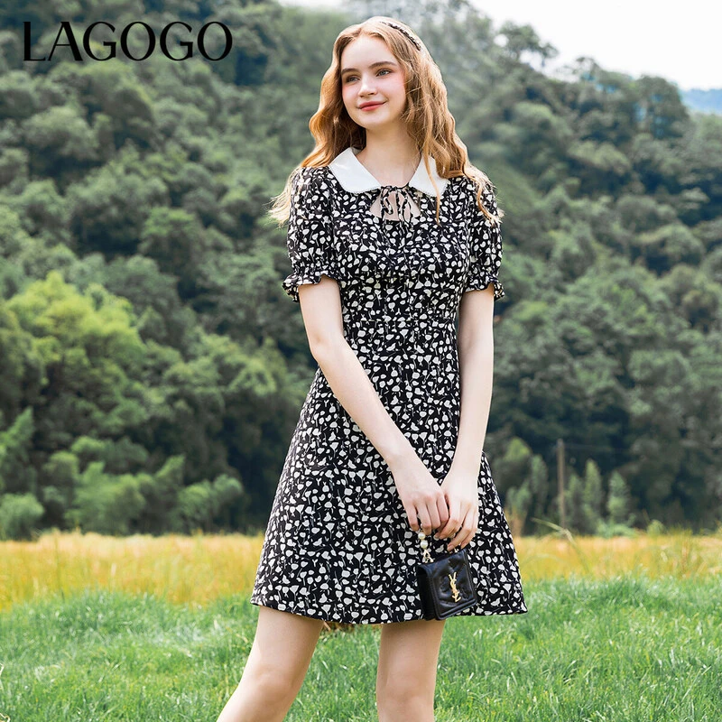 Lagogo款撞色娃娃领泡泡袖连衣裙LALL305A51春夏超显瘦连衣裙