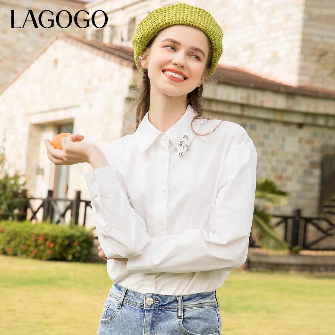 Lagogo拉谷谷春季新款白色翻领泡泡袖衬衫女休闲长袖衬衣上衣春秋