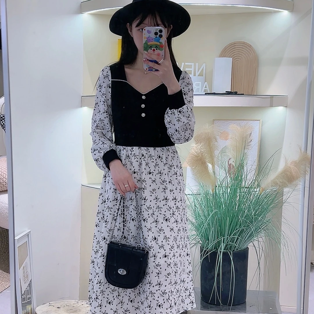 Lagogo/拉谷谷复古减龄连衣裙法式宫廷蕾丝连衣裙碎花显瘦气质