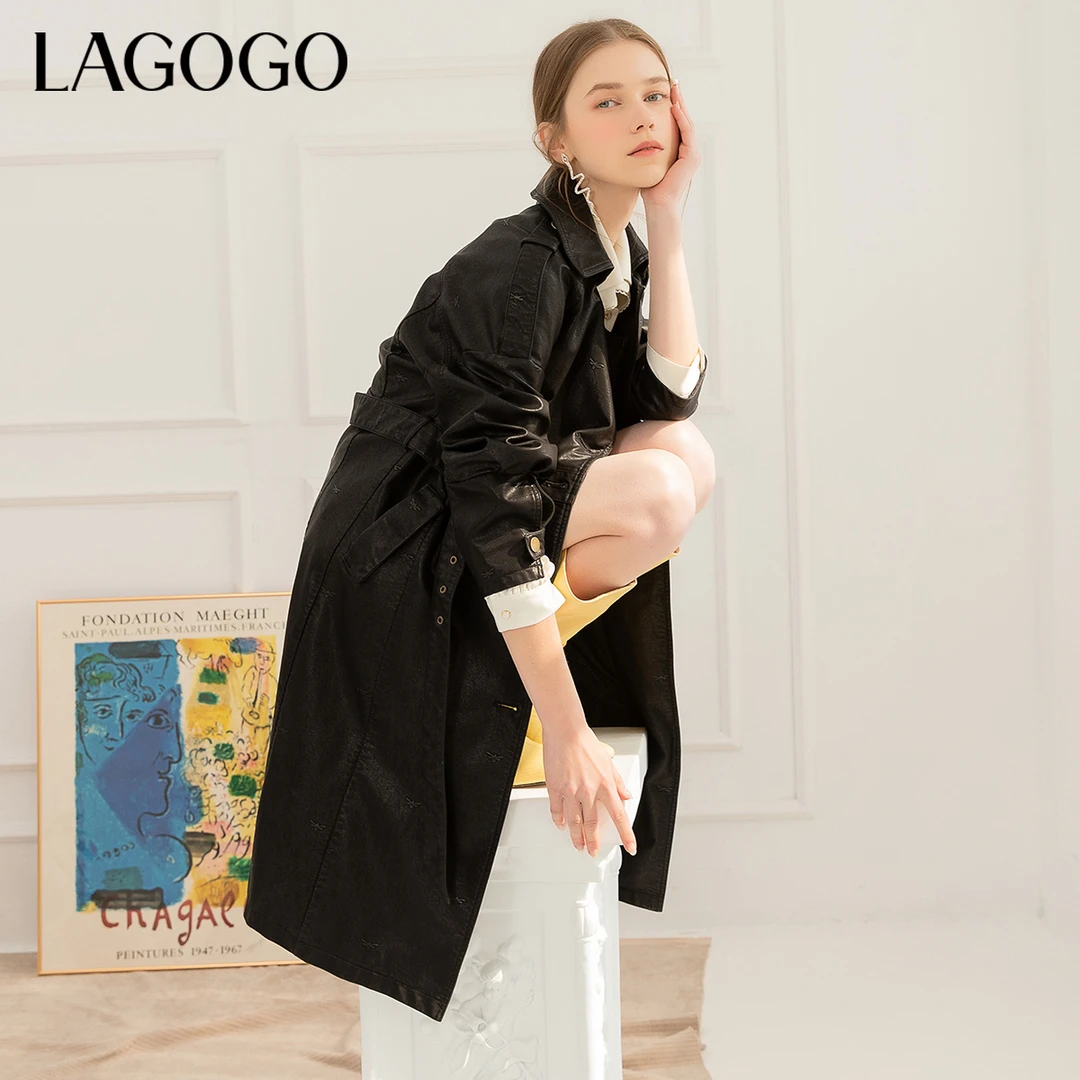 Lagogo拉谷谷春秋系带方领大衣黑色复古PU中长款气质风衣女设计师