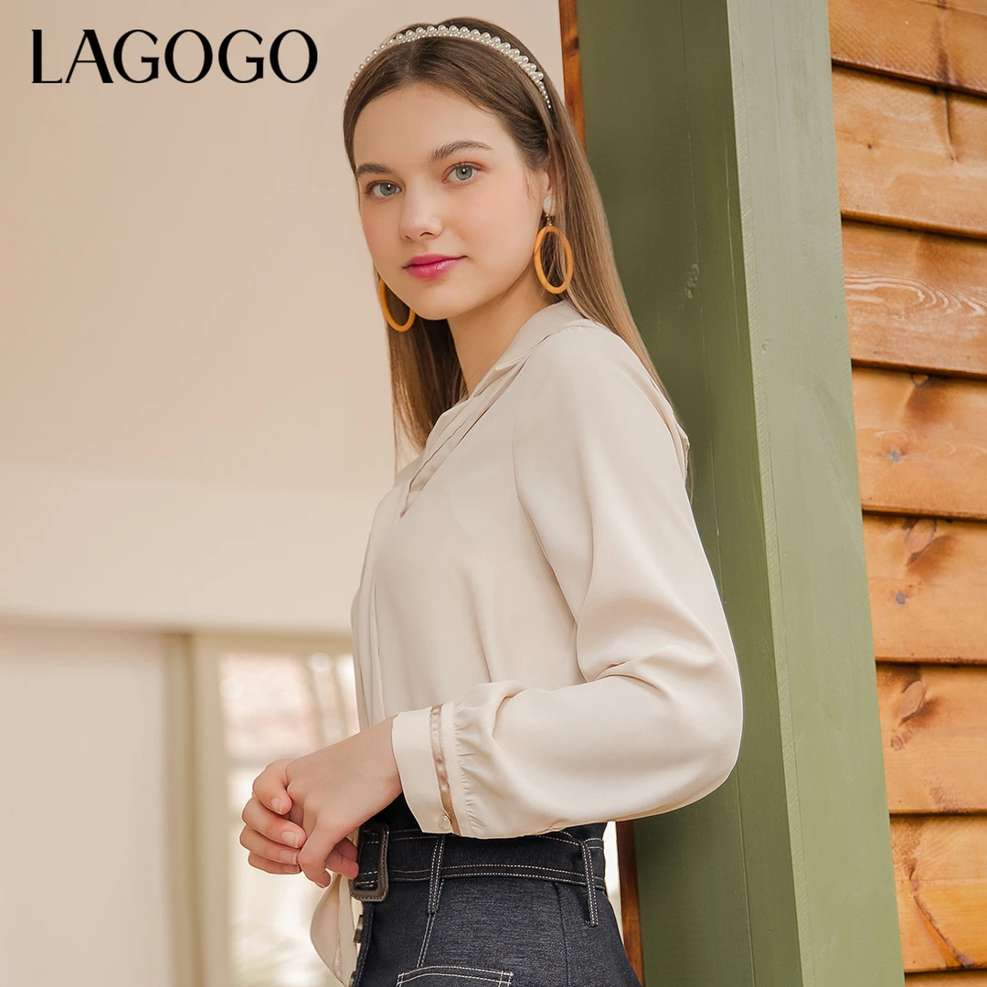 Lagogo拉谷谷新款米色气质衬衫上衣女可拆卸披肩两件套KASS533B25