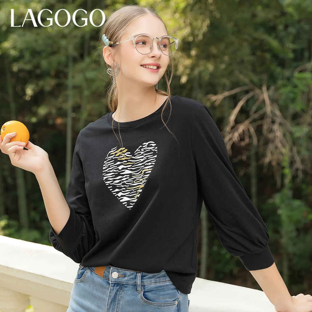 春夏秋新款简约圆领撞色字母胶印T恤女七分袖上衣宽松打底衫时尚