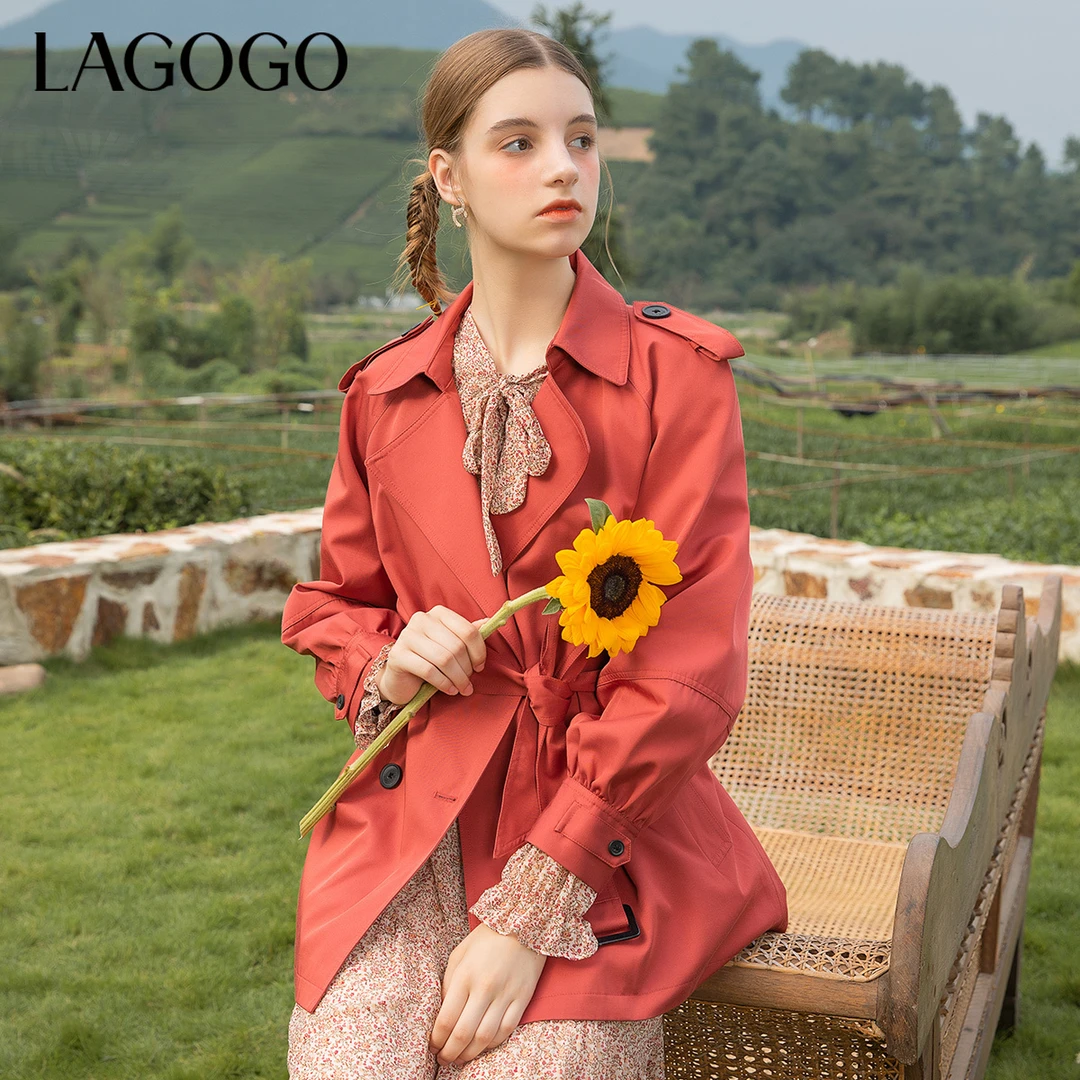 Lagogo砖红色西装领风衣女中长款拉谷谷新款修身小个子通勤外套