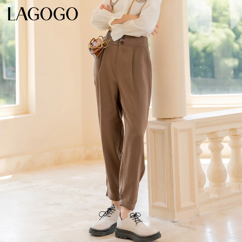 Lagogo新款高腰纽扣插袋束脚休闲裤女LCKK437B72西装直筒时尚