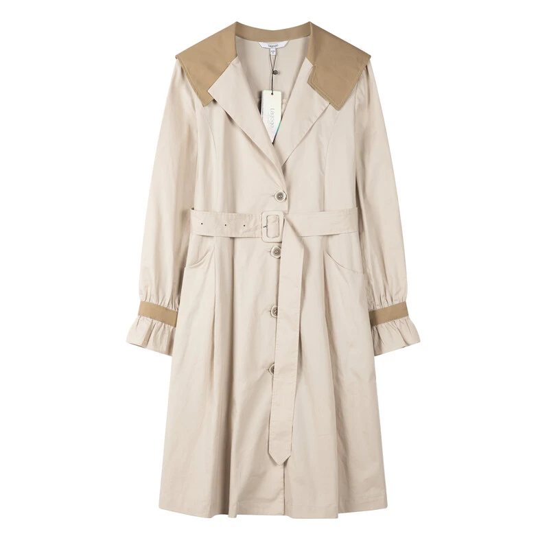 Lagogo拉谷谷撞色中长款修身海军领系带单排扣风衣女KAFF233B51