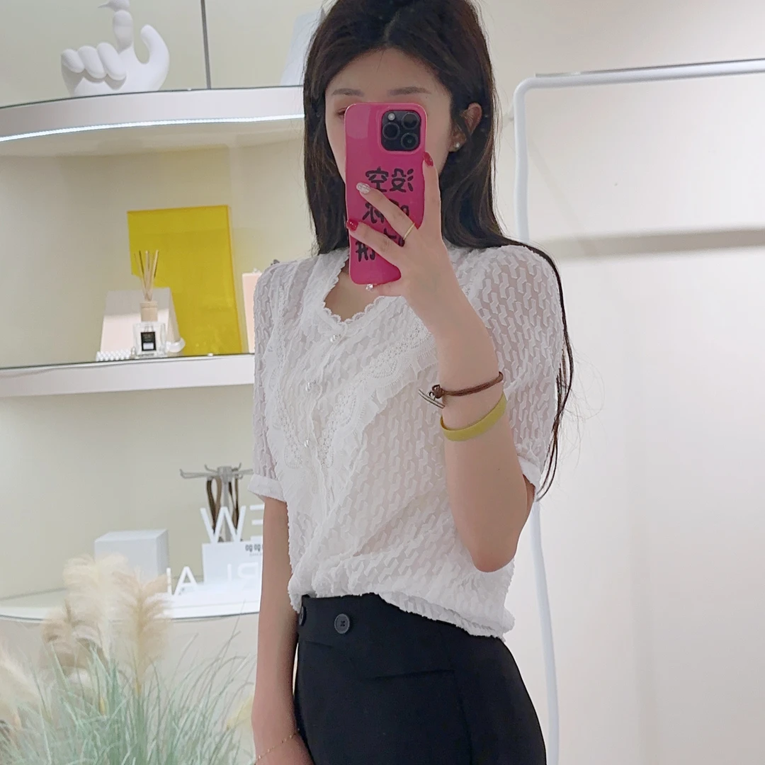 Lagogo/拉谷谷纯色小众上衣衬衫拼接白色设计感夏季时尚泡泡袖