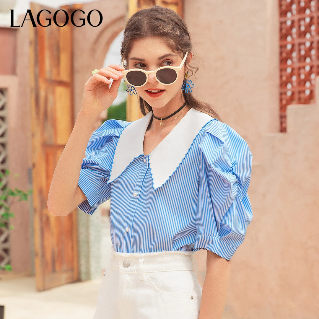 Lagogo拉谷谷夏季新款娃娃领灯笼袖遮肉撞色衬衫女条纹淑女上衣