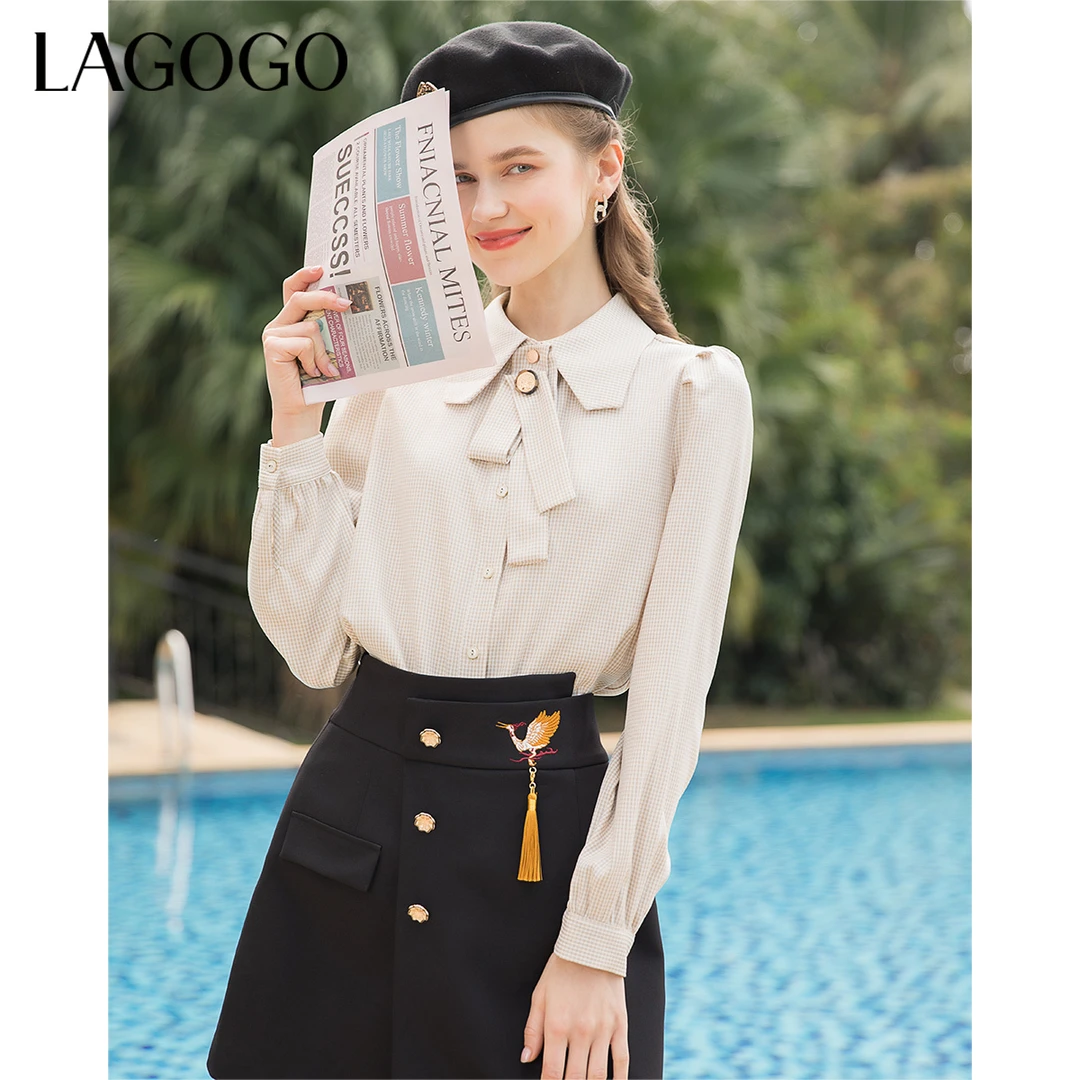 Lagogo拉谷谷春季新款翻领泡泡袖复古格子衬衫休闲打底LACC441A26