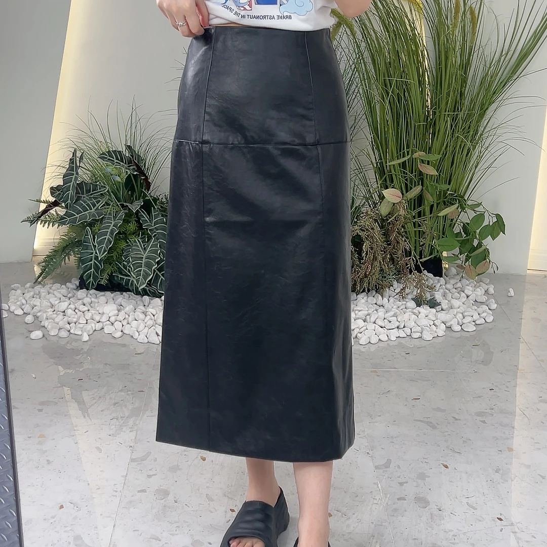 Lagogo/拉谷谷LAGOGO拉谷谷专柜新款黑色半身裙pu款气质风