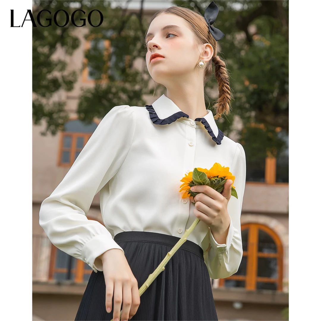 Lagogo娃娃领泡泡袖米色雪纺衬衫女拉谷谷秋季法式新款上衣翻领