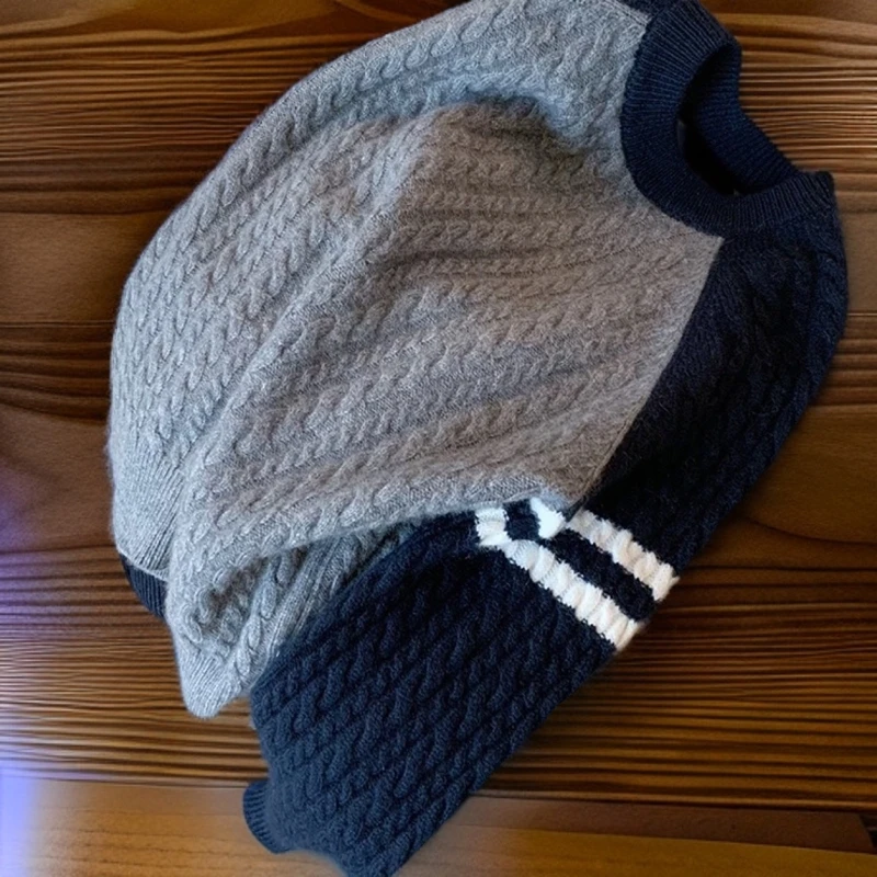 撞色圆领麻花插肩袖毛衣慵懒宽松软糯针织衫