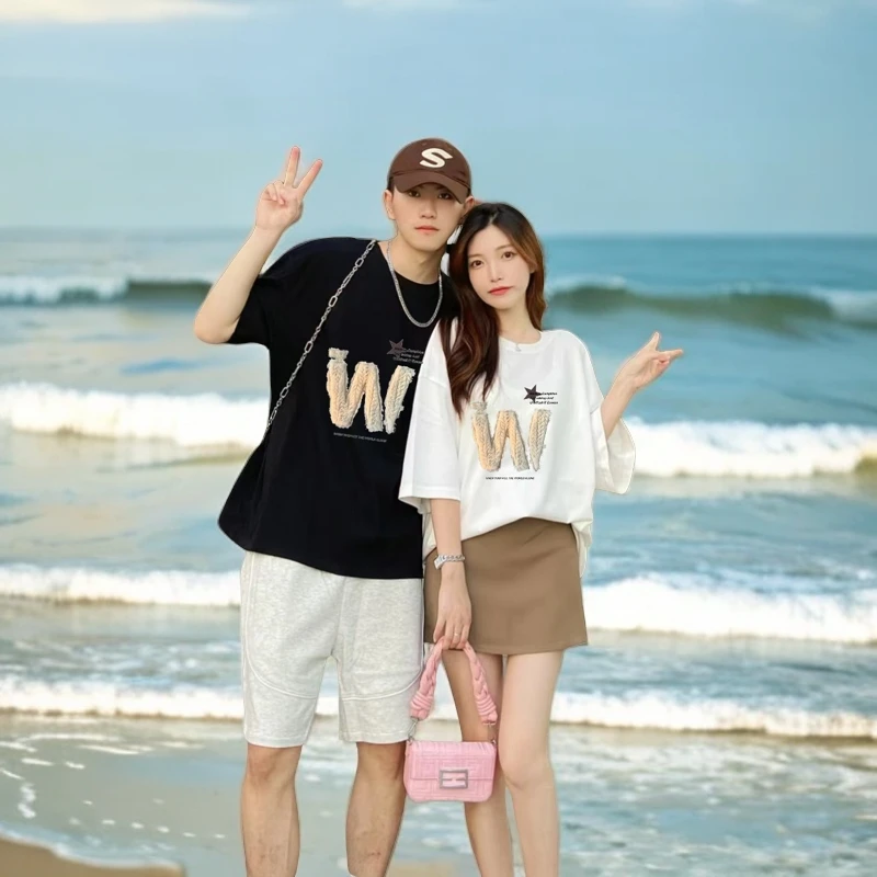 发两件》ins高考毕业季W印花情侣装t恤纯棉夏季新白色圆领男女同款