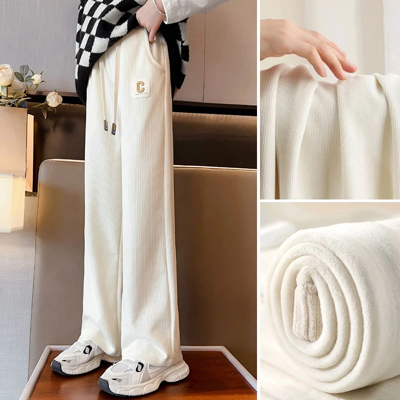 女童加绒直筒裤子春秋新款中大童2025新款窄版阔腿裤外穿宽松长裤