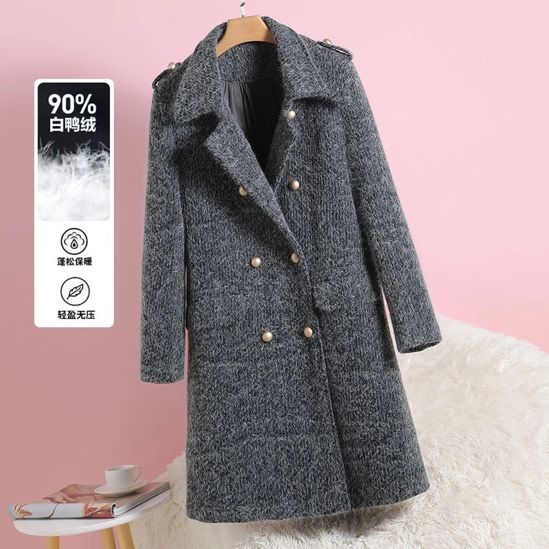 羽绒呢子大衣女长款冬季新款韩版气质过膝白鸭绒毛呢羽绒服590