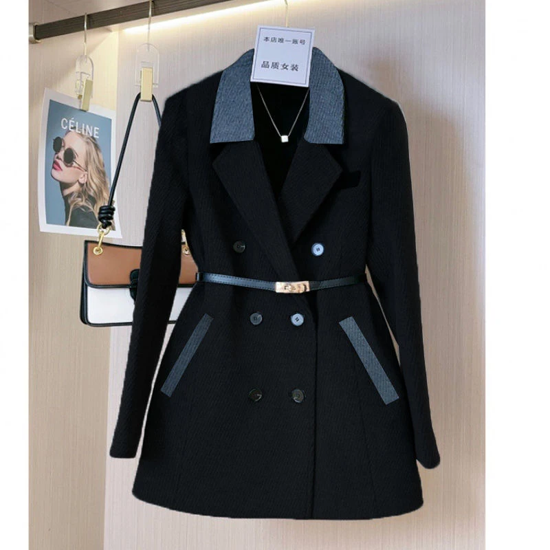 【NG专属】3392-毛呢羽绒大衣西装外套女冬季新款腰带保暖白鸭绒