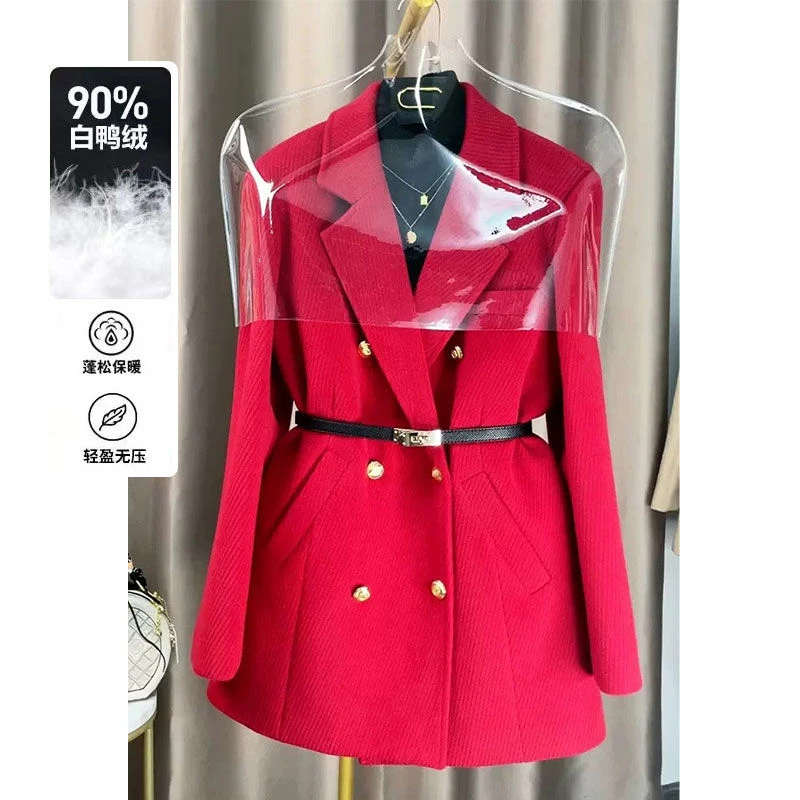 新年战袍羽绒呢子大衣西装外套女金扣子2023冬季新款白鸭绒上衣