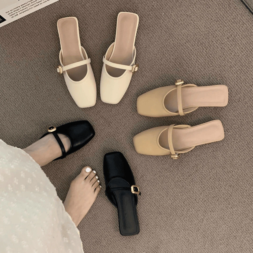 夏新款韩版镂空包头半拖鞋女网红同款时尚金扣休闲平底沙滩女拖鞋