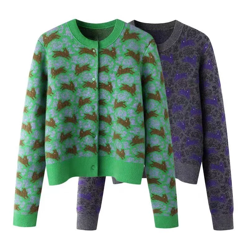 6648复古小兔子提花圆领针织衫开衫女2024秋季气质百搭针织外套女