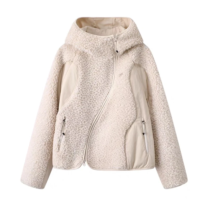 0313冬季新款百搭时尚不规则设计感拼接毛绒连帽外套女