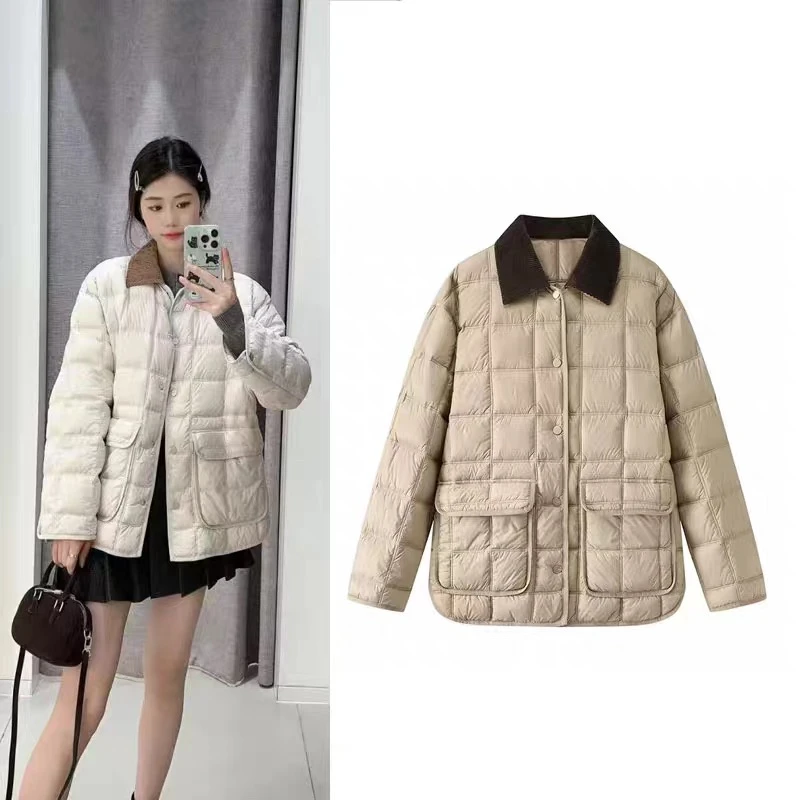 5794格纹肌理羽绒服2024冬季拼接领宽松气质百搭羽绒服外套上衣
