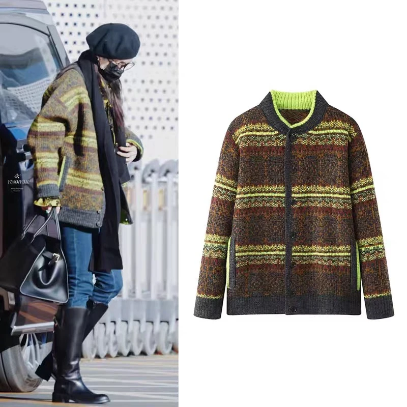 5764杨幂同款慵懒风条纹撞色针织开衫外套女2024冬季时尚百搭上衣
