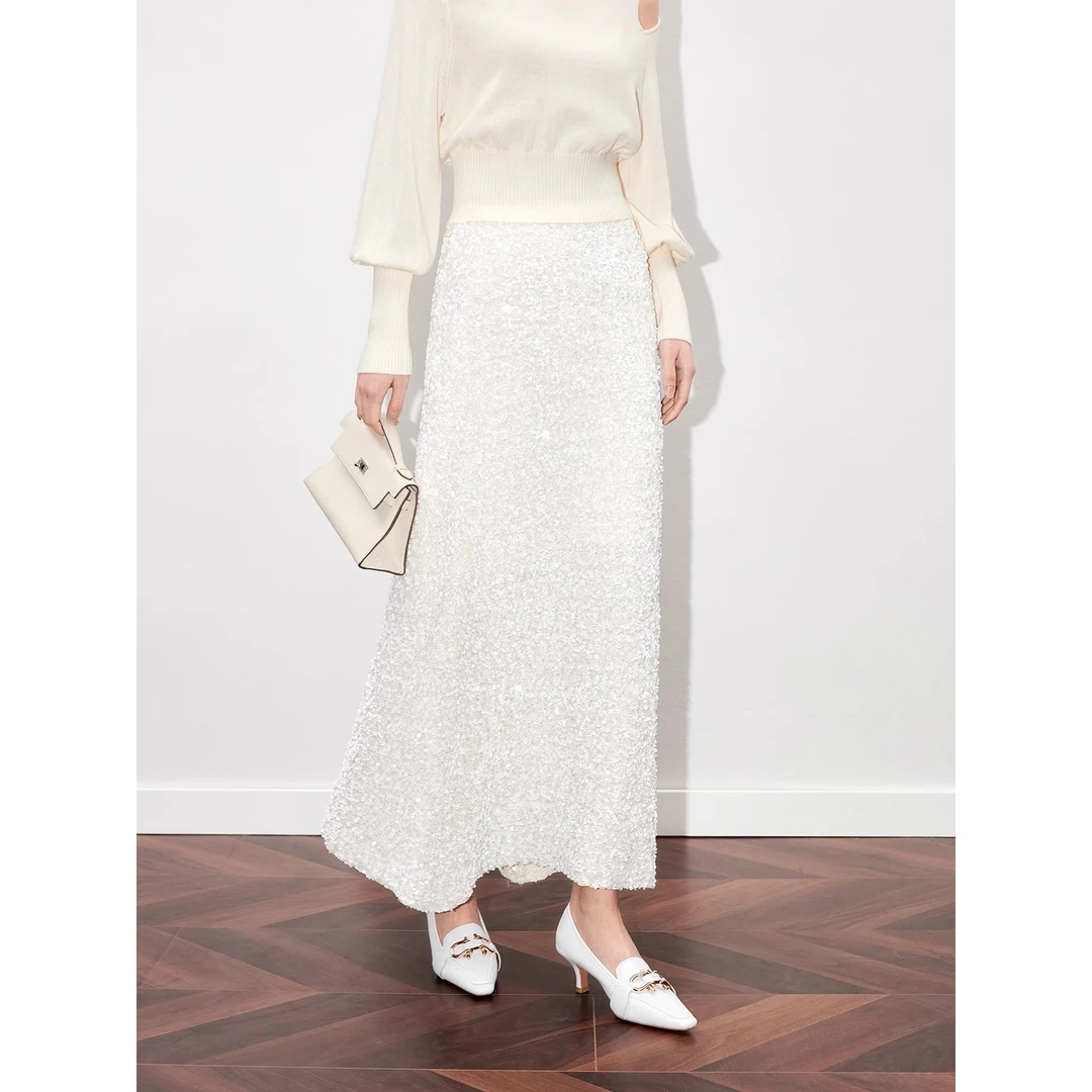 重工亮片~法式优雅白色显瘦过膝A字版半身裙子女2024年早春新装