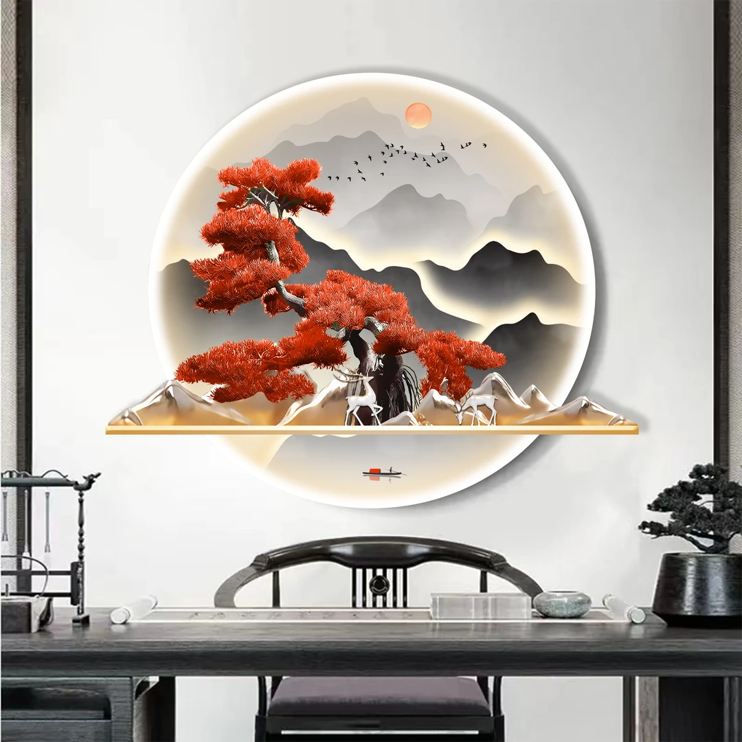 DK005鸿运当头玄关装饰画新中式山水迎客松走廊画轻奢鹿挂画捡漏