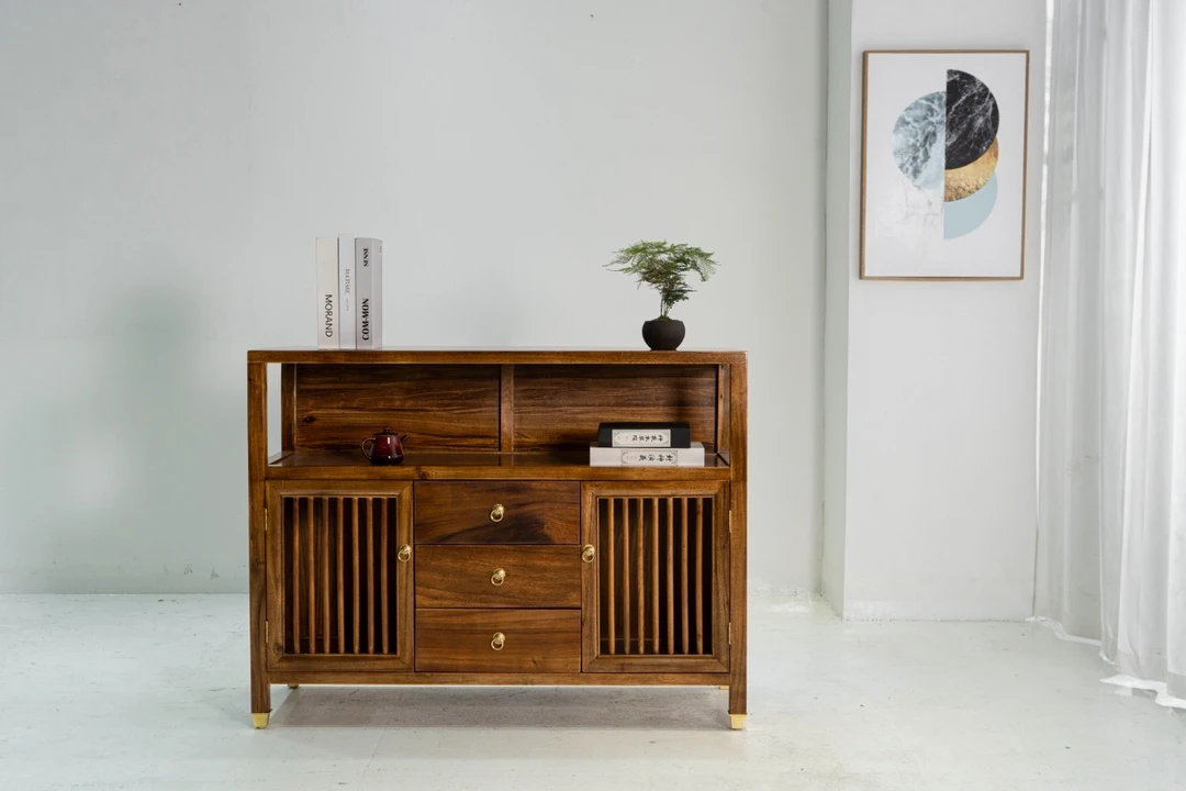 新中式南美胡桃木明禅边柜（中三抽） 120*45*88