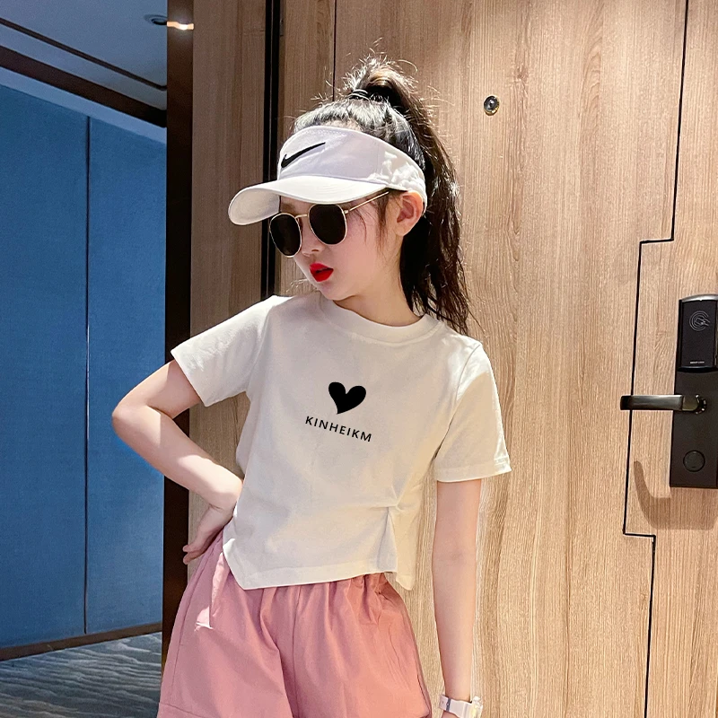 女童夏装洋气白色短袖t恤夏季新款宝宝小女孩不规则修身短款上衣