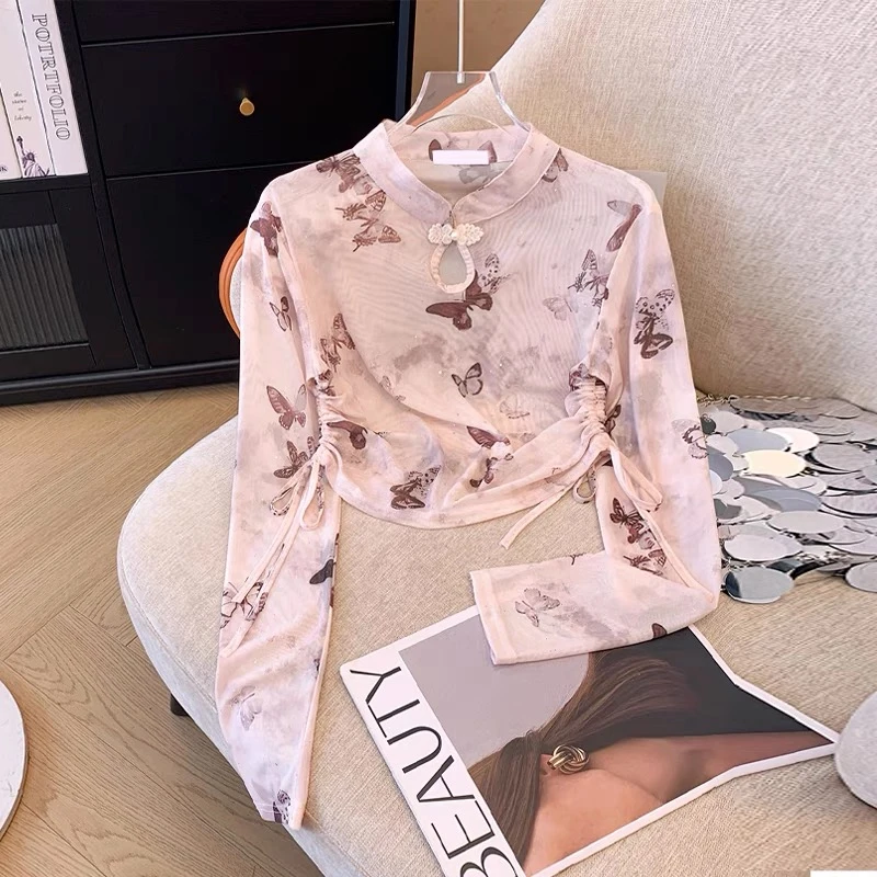 【国风】立领印花两侧抽绳亮片长袖网纱t恤衫辣妹短款收腰春夏上衣