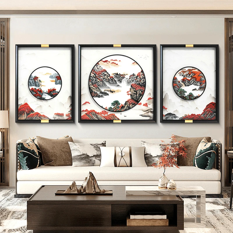 江山如画刺绣客厅装饰画新中式苏绣山水三联画大气沙发背景墙挂画