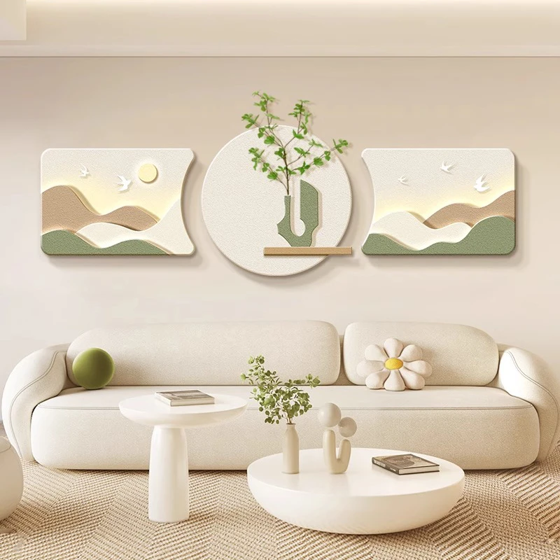 奶油风客厅装饰画现在简约沙发背景墙挂画高级感立体绿植砂岩画