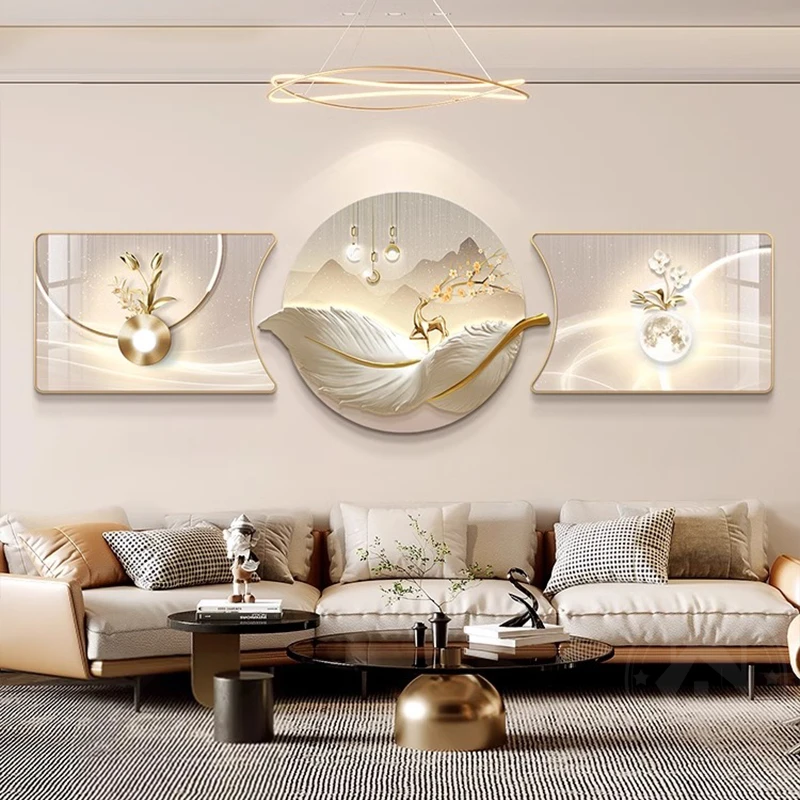 客厅装饰画羽毛现代简约沙发背景墙挂画轻奢金枝玉叶抽象组合壁画