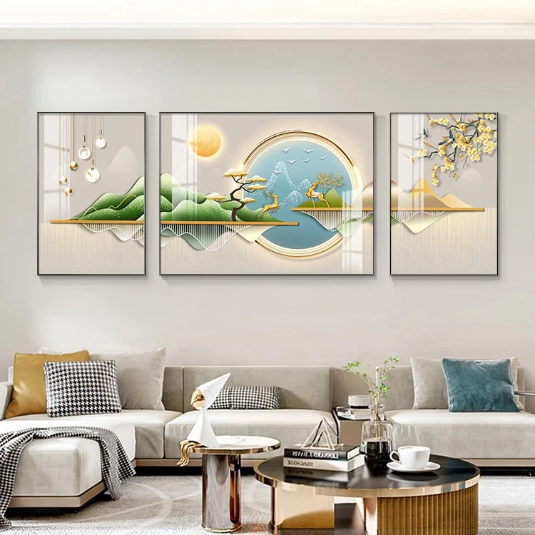 荣耀佳画佳工坊-灯画LED新中式横版铝合金三联装饰画镶钻画手工