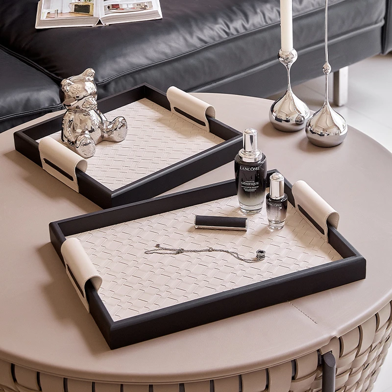 轻奢皮革托盘摆件高颜值长方形木质香薰首饰收纳盘